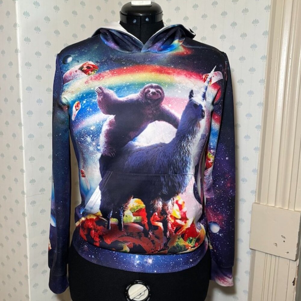LLAMA and SLOTH Epic Adventure Girls Hoodie Size L Funny Sweater Kids Space Pets
